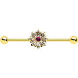 14G Clear Pink Gem Gold Tone Starry Flower Industrial Barbell 38mm