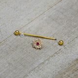 14G Clear Pink Gem Gold Tone Starry Flower Industrial Barbell 38mm