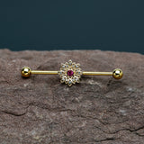 14G Clear Pink Gem Gold Tone Starry Flower Industrial Barbell 38mm