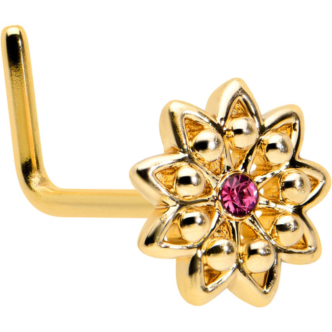 20G 7mm Pink Gem Gold Tone Starry Flower L Shape Nose Ring