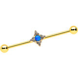 14G Blue Synthetic Opal Gold Tone Rhombus Industrial Barbell 38mm