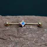 14G Blue Synthetic Opal Gold Tone Rhombus Industrial Barbell 38mm