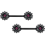14G 9/16 Clear Gem Black Midnight Flower Barbell Nipple Ring Set