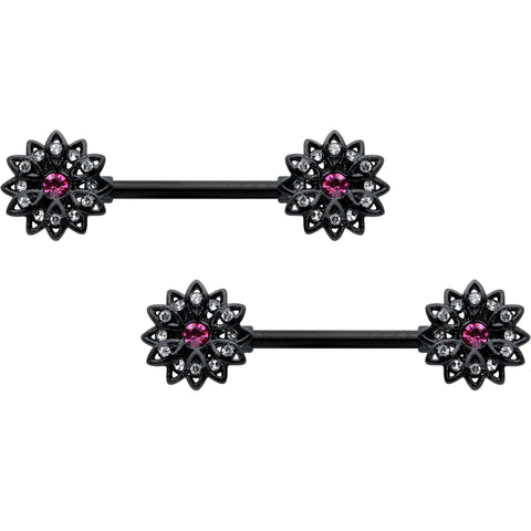 14G 9/16 Clear Gem Black Midnight Flower Barbell Nipple Ring Set