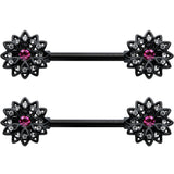14G 9/16 Clear Gem Black Midnight Flower Barbell Nipple Ring Set