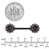 14G 9/16 Clear Gem Black Midnight Flower Barbell Nipple Ring Set