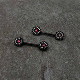 14G 9/16 Clear Gem Black Midnight Flower Barbell Nipple Ring Set