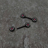 14G 9/16 Clear Gem Black Midnight Flower Barbell Nipple Ring Set