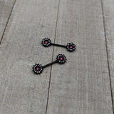 14G 9/16 Clear Gem Black Midnight Flower Barbell Nipple Ring Set