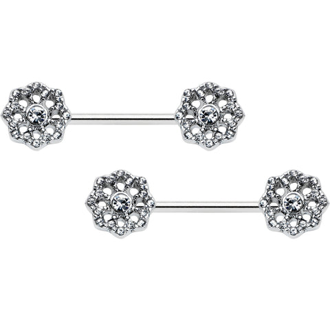 14G 9/16 Clear Gem Epic Fabulous Flower Barbell Nipple Ring Set