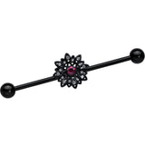 14G Clear Pink Gem Black Midnight Flower Industrial Barbell 38mm