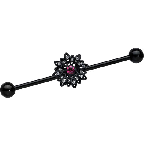 14G Clear Pink Gem Black Midnight Flower Industrial Barbell 38mm