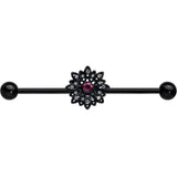 14G Clear Pink Gem Black Midnight Flower Industrial Barbell 38mm