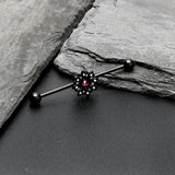 14G Clear Pink Gem Black Midnight Flower Industrial Barbell 38mm