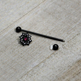 14G Clear Pink Gem Black Midnight Flower Industrial Barbell 38mm
