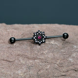14G Clear Pink Gem Black Midnight Flower Industrial Barbell 38mm