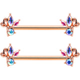 14G 5/8 Aurora CZ Gem Rosy Hue Fleur de Lis Butterfly Barbell Nipple Ring Set