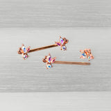 14G 5/8 Aurora CZ Gem Rosy Hue Fleur de Lis Butterfly Barbell Nipple Ring Set