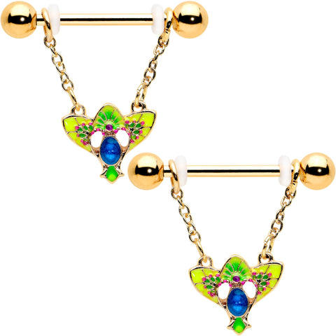 14G 9/16 Blue Gem Gold Hue Tropic Fan Chain Dangle Nipple Ring Set