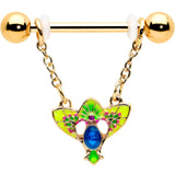 14G 9/16 Blue Gem Gold Hue Tropic Fan Chain Dangle Nipple Ring Set