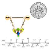 14G 9/16 Blue Gem Gold Hue Tropic Fan Chain Dangle Nipple Ring Set