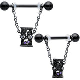 14G 5/8 Purple Gem Black Goth Hourglass Chain Dangle Nipple Ring Set