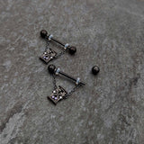 14G 5/8 Purple Gem Black Goth Hourglass Chain Dangle Nipple Ring Set
