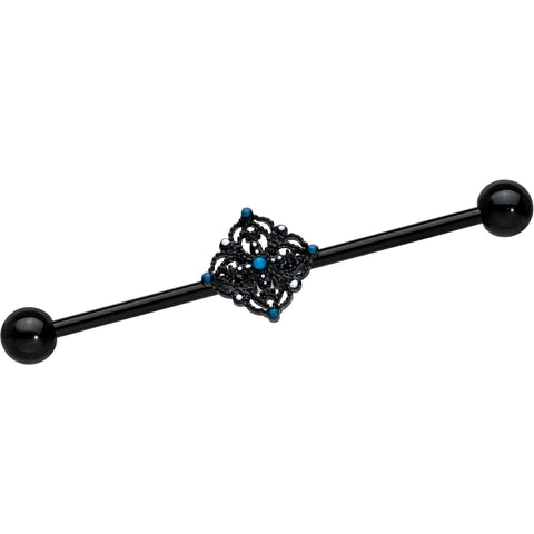 14G Blue Gem Black Lacy Rhombus Industrial Barbell 38mm