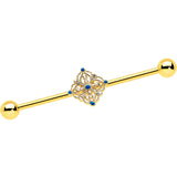 14G Blue Gem Gold Tone Texture Emblem Industrial Barbell 38mm