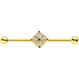 14G Blue Gem Gold Tone Texture Emblem Industrial Barbell 38mm