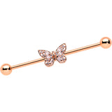 14G Clear Gem Rosy Tone Baroque Butterfly Industrial Barbell 38mm