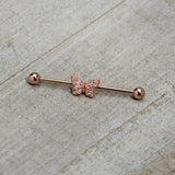 14G Clear Gem Rosy Tone Baroque Butterfly Industrial Barbell 38mm