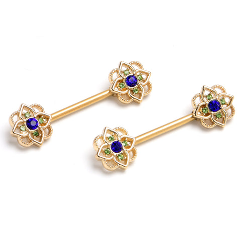 14G 9/16 Blue Gem Gold Tone Celtic Style Barbell Nipple Ring Set