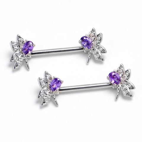 14G 9/16 Purple Gem Divine Dragonfly Barbell Nipple Ring Set