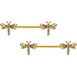 14G 9/16 Clear Gem Gold Tone Flying Dragonfly Nipple Ring Set