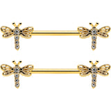 14G 9/16 Clear Gem Gold Tone Flying Dragonfly Nipple Ring Set