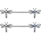 14G 9/16 Aurora Gem Ornate Dragonflies Barbell Nipple Ring Set