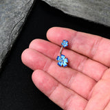 Blue Flower Textured Center Double Mount Belly Ring