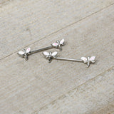 14G 5/8 White Faux Opal Styled Dragonfly Barbell Nipple Ring Set