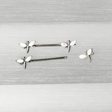 14G 5/8 White Faux Opal Styled Dragonfly Barbell Nipple Ring Set