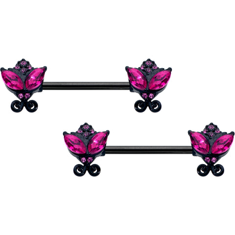 14G 9/16 Pink Gem Black Night Butterflies Barbell Nipple Ring Set