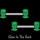 14G 9/16 Frankenstein Head Green Glow in the Dark Nipple Ring Set