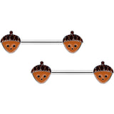 14G 9/16 Autumn Acorn Face Brown Fall Barbell Nipple Ring Set