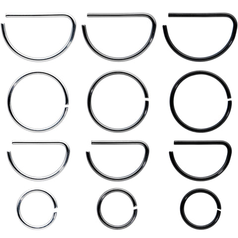20G 12 Pack ASTM F-136 Implant Grade Titanium Nose Hoop D Shaped Septum Ring and Cartilage Ear Hoop Earring Set