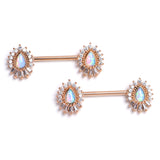 14G 9/16 White Synthetic Opal Rose Gold Tone Barbell Nipple Ring Set