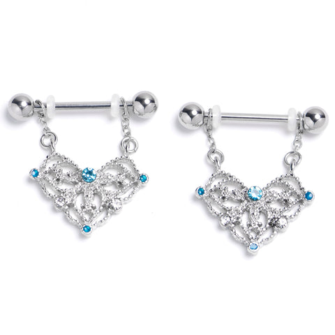 14G 9/16 Blue Gem Lacy Rhombus Chain Dangle Nipple Ring Set
