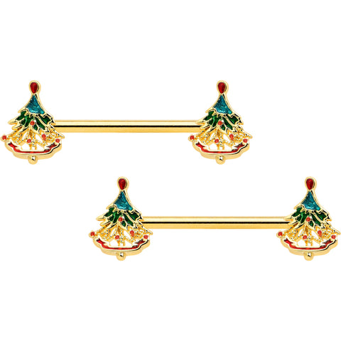 14G 9/16 Red Gem Gold Hue Deco Holiday Tree Barbell Nipple Ring Set