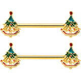 14G 9/16 Red Gem Gold Hue Deco Holiday Tree Barbell Nipple Ring Set
