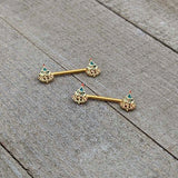14G 9/16 Red Gem Gold Hue Deco Holiday Tree Barbell Nipple Ring Set