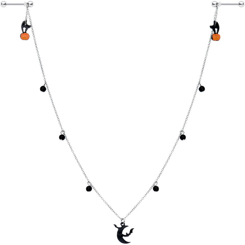14G 9/16 Pumpkin Black Cat Moon Bats Dangle Halloween Nipple Chain